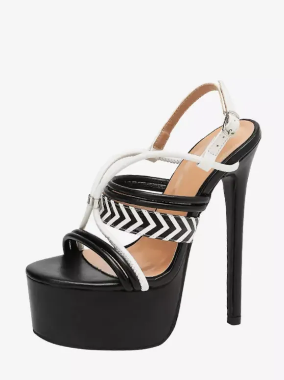 Sandales sexy pour femmes en cuir PU noir à bout ouvert et plateforme avec brides.