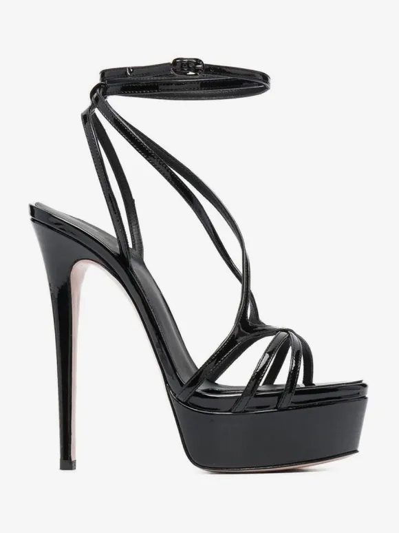 Sandales sexy pour femmes plateforme noire bout ouvert lanières talons hauts