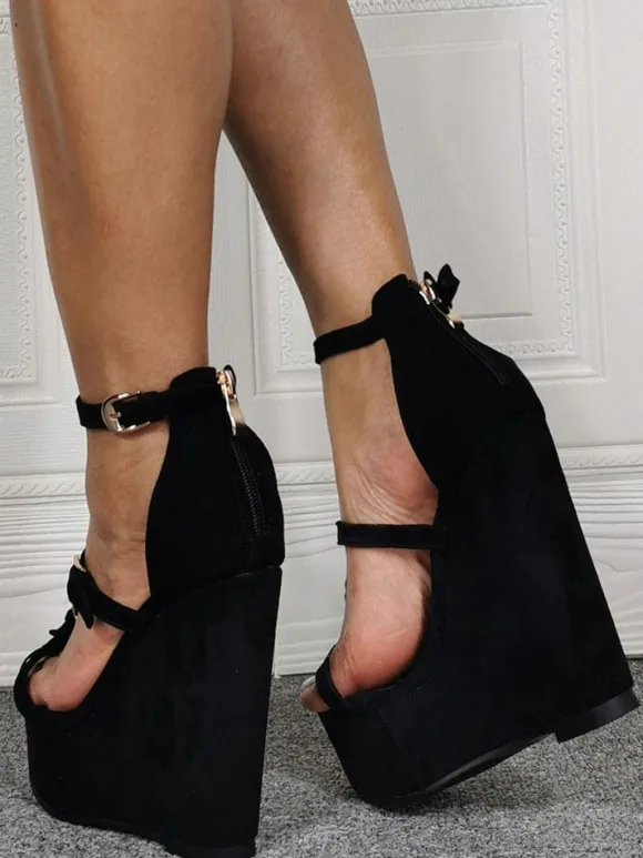 Sandales sexy à talons hauts de grande taille noir Micro daim supérieur bout ouvert talon compensé chaussures sexy chaussures de grande taille