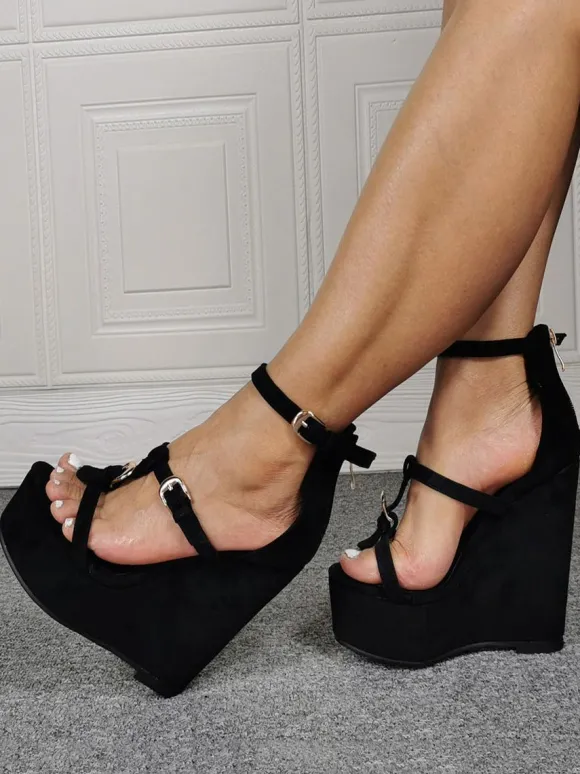 Sandales sexy à talons hauts de grande taille noir Micro daim supérieur bout ouvert talon compensé chaussures sexy chaussures de grande taille