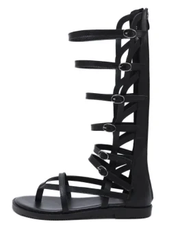 Sandales spartiates noires Boucle à bout rond en cuir PU Bottes d'été noires Sandales spartiates