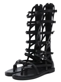 Sandales spartiates noires Boucle à bout rond en cuir PU Bottes d'été noires Sandales spartiates