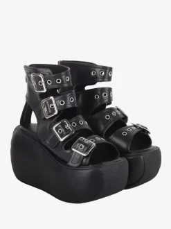Sandales Steampunk Lolita avec 艙illets noirs chaussures d'été en cuir PU métallisé à bout ouvert