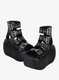 Sandales Steampunk Lolita avec 艙illets noirs chaussures d'été en cuir PU métallisé à bout ouvert