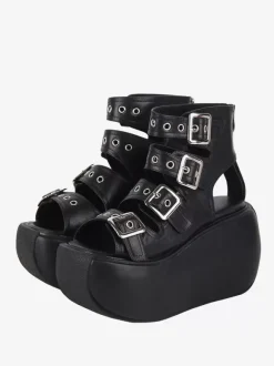 Sandales Steampunk Lolita avec 艙illets noirs chaussures d'été en cuir PU métallisé à bout ouvert