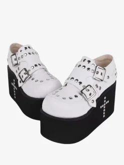 Sandales Sweet Lolita avec 艙illets bout rond cuir PU métallique chaussures d'été blanches Lolita
