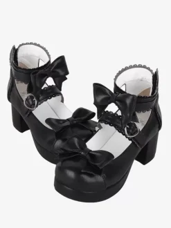Sandales Sweet Lolita avec n艙uds à bout rond en cuir PU chaussures d'été noires Lolita
