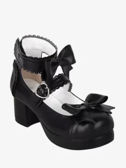 Sandales Sweet Lolita avec n艙uds à bout rond en cuir PU chaussures d'été noires Lolita