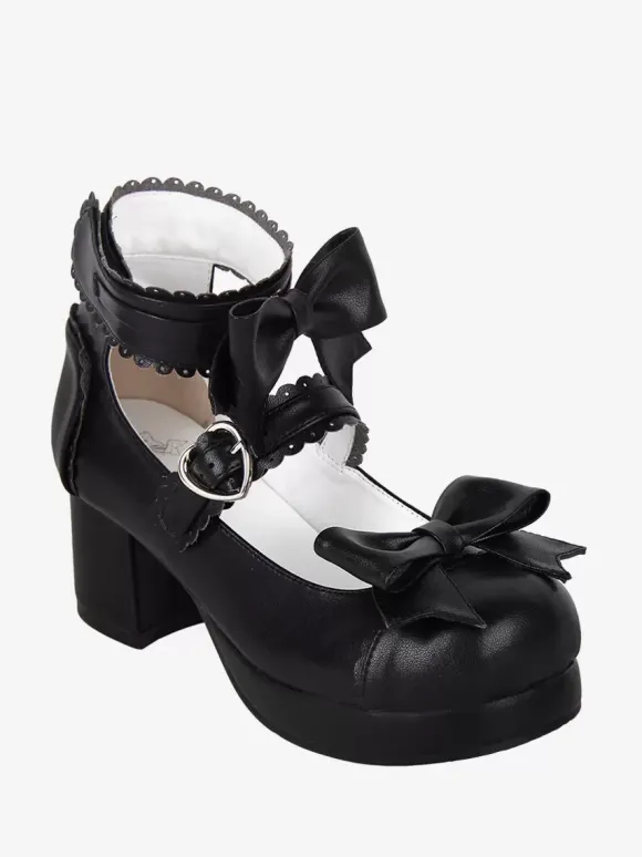Sandales Sweet Lolita avec n艙uds à bout rond en cuir PU chaussures d'été noires Lolita