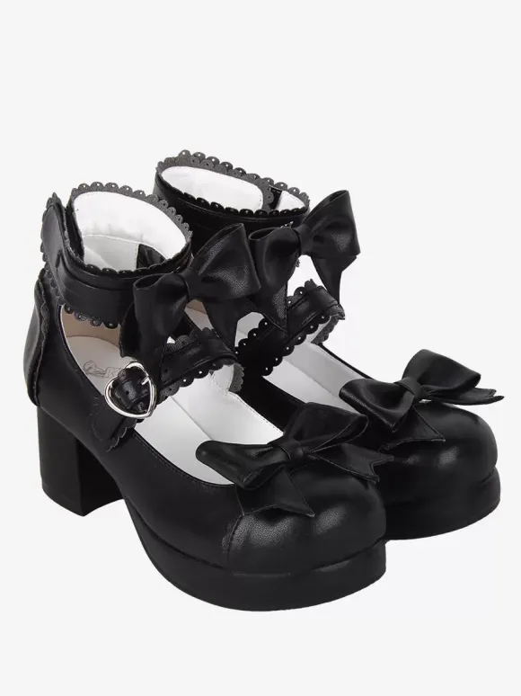 Sandales Sweet Lolita avec n艙uds à bout rond en cuir PU chaussures d'été noires Lolita