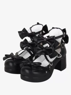 Sandales Sweet Lolita avec n艙uds noirs et bout rond en cuir PU chaussures d'été Lolita