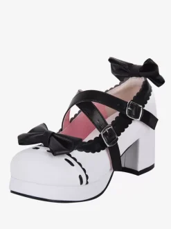 Sandales Sweet Lolita avec n艙uds à bout rond en cuir PU chaussures d'été blanches Lolita