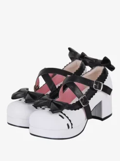 Sandales Sweet Lolita avec n艙uds à bout rond en cuir PU chaussures d'été blanches Lolita