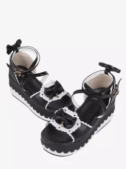 Sandales Sweet Lolita noires en cuir PU avec n艙ud papillon chaussures d'été kawaii