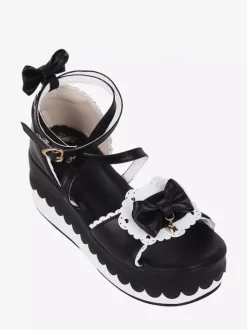 Sandales Sweet Lolita noires en cuir PU avec n艙ud papillon chaussures d'été kawaii