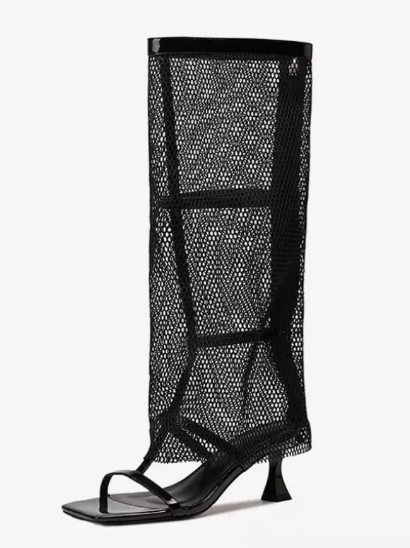 Sandales à talon chaton et bout ouvert en maille pour femmes