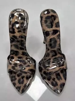 Sandales à talons aiguilles léopard bout ouvert sans talon.