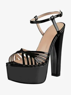 Sandales à talons chaussures femmes bout rond talons épais cuir PU