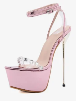 Sandales à Talons Hautes Fins Sexy Femmes avec Plateformes à Cuir Synthétique Vernis à Lacets Décors avec Paillettes avec Bout Ouvert Unicolore