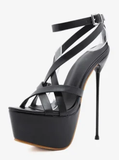 Sandales à Talons Hautes Fins Sexy Femmes avec Plateformes à Cuir Synthétique à Lacets avec Bout Ouvert Unicolore