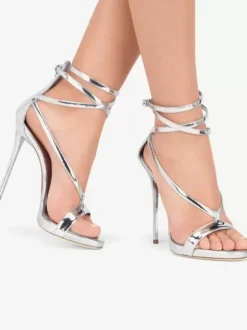 Sandales À Talons Hauts Argentées Chaussures De Soirée Bride Croisée Métallique