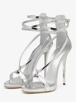 Sandales À Talons Hauts Argentées Chaussures De Soirée Bride Croisée Métallique