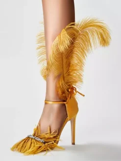 Sandales à talons hauts avec détail de plumes dorées et strass chaussures de bal de fin d'année