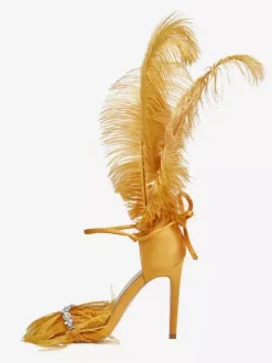 Sandales à talons hauts avec détail de plumes dorées et strass chaussures de bal de fin d'année