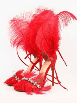 Sandales à talons hauts avec détail de plumes dorées et strass chaussures de bal de fin d'année