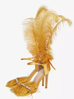 Sandales à talons hauts avec détail de plumes dorées et strass chaussures de bal de fin d'année