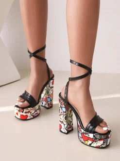 Sandales à Talons Hauts avec Plateforme avec Bout Ouvert en Cuir Synthétique Bicolores