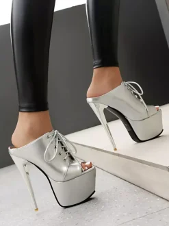 Sandales à talons hauts dorées plateforme bout ouvert lacets pour femmes