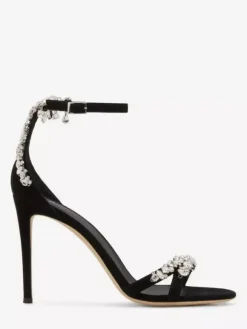 Sandales à talons hauts en daim noir bout ouvert strass talon aiguille chaussures de fête