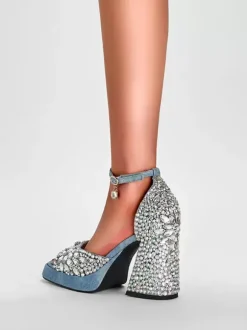 Sandales à talons hauts en denim bleu strass talon bloc bride à la cheville chaussures de soirée