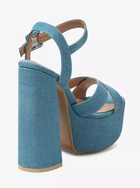 Sandales à talons hauts en denim bleu bout ouvert talon compensé