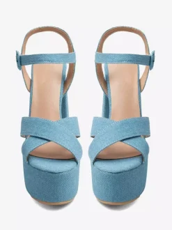 Sandales à talons hauts en denim bleu bout ouvert talon compensé