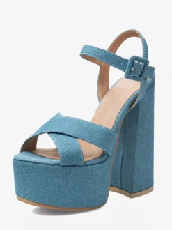 Sandales à talons hauts en denim bleu bout ouvert talon compensé