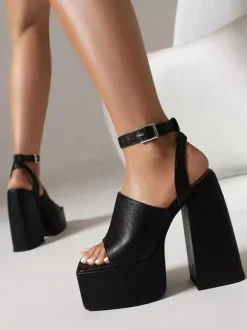 Sandales à talons pour femmes Bout carré Talon épais Sandales en faux cuir