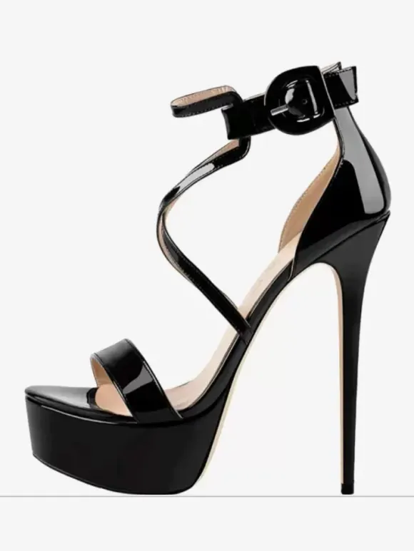 Sandales À Talons Sexy Noires Plateforme Verni Bride À La Cheville Chaussures À Talons Hauts