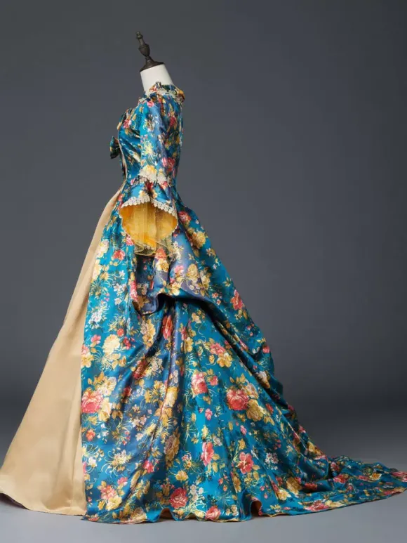 Sarcelle Costumes Rétro Femmes Imprimé Floral Arc Volant Satin Mat Ensemble Marie Antoinette Costume Rococo Robe Déguisements Halloween