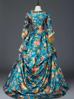 Sarcelle Costumes Rétro Femmes Imprimé Floral Arc Volant Satin Mat Ensemble Marie Antoinette Costume Rococo Robe Déguisements Halloween