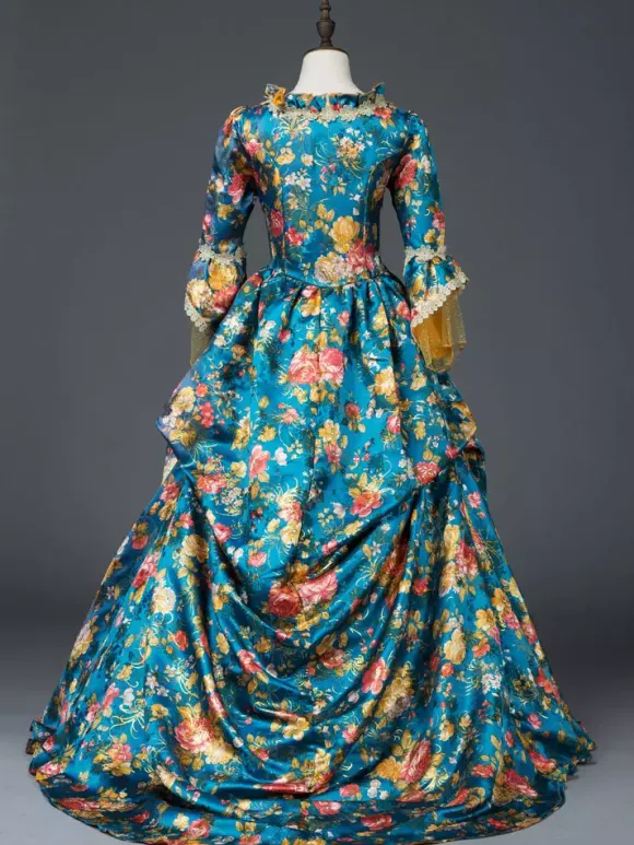 Sarcelle Costumes Rétro Femmes Imprimé Floral Arc Volant Satin Mat Ensemble Marie Antoinette Costume Rococo Robe Déguisements Halloween