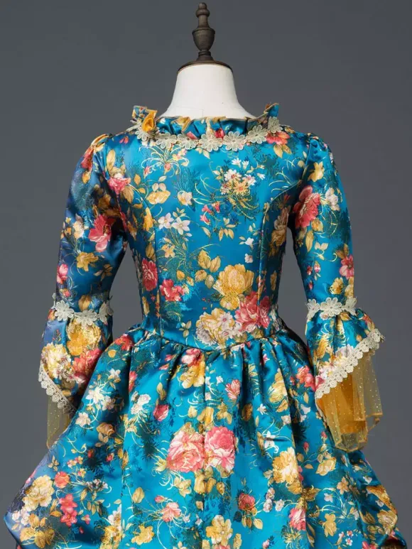 Sarcelle Costumes Rétro Femmes Imprimé Floral Arc Volant Satin Mat Ensemble Marie Antoinette Costume Rococo Robe Déguisements Halloween