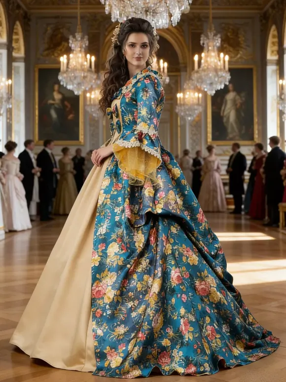 Sarcelle Costumes Rétro Femmes Imprimé Floral Arc Volant Satin Mat Ensemble Marie Antoinette Costume Rococo Robe Déguisements Halloween