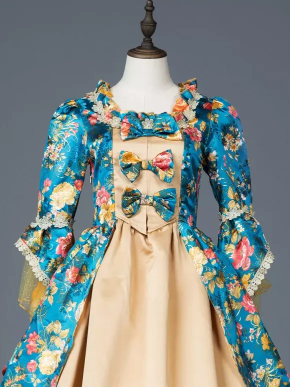 Sarcelle Costumes Rétro Femmes Imprimé Floral Arc Volant Satin Mat Ensemble Marie Antoinette Costume Rococo Robe Déguisements Halloween