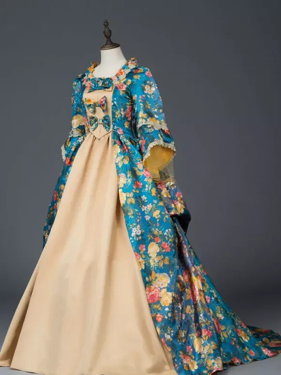 Sarcelle Costumes Rétro Femmes Imprimé Floral Arc Volant Satin Mat Ensemble Marie Antoinette Costume Rococo Robe Déguisements Halloween