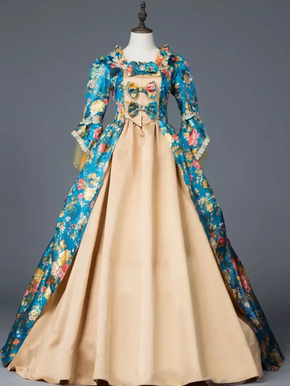 Sarcelle Costumes Rétro Femmes Imprimé Floral Arc Volant Satin Mat Ensemble Marie Antoinette Costume Rococo Robe Déguisements Halloween