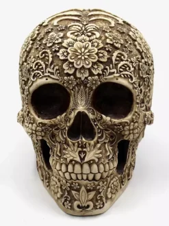 Sculpture de crâne florale d'Halloween en résine décoration gothique pour bar pièce maîtresse