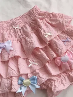 Short Lolita évasé rose avec n艙uds et volants