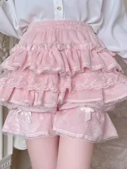 Short Lolita ample en dentelle à volants et pantalon Sweet Lolita rose